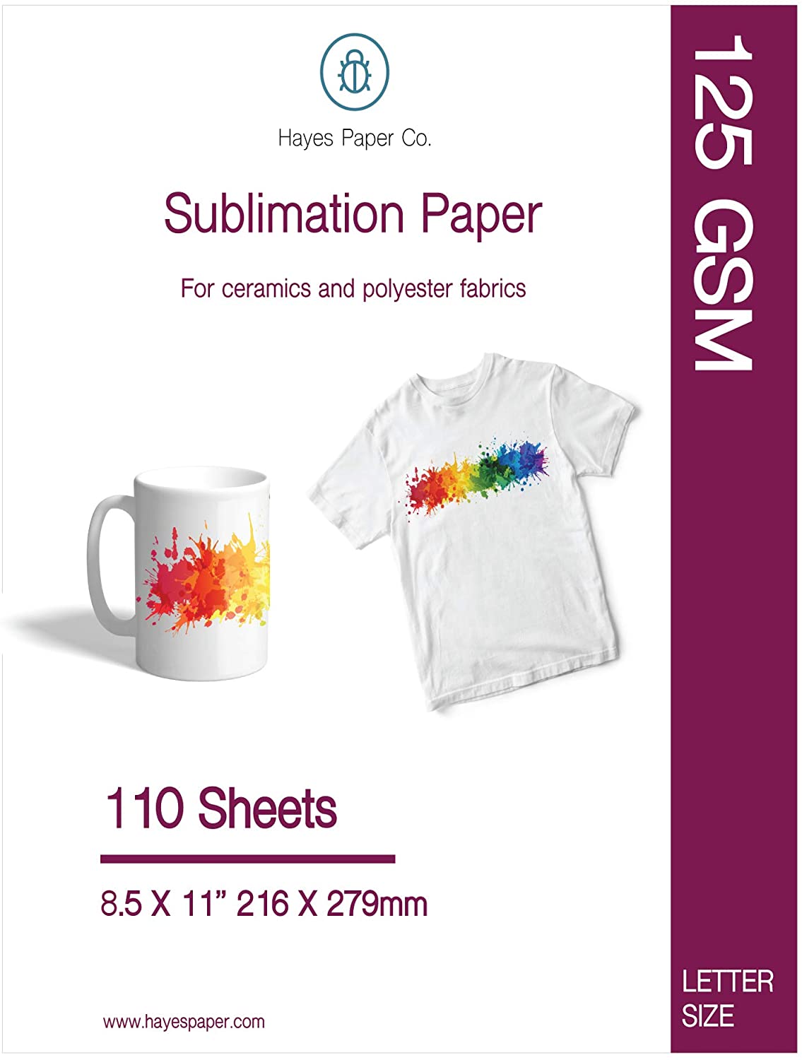 HAYES PAPER CO. Sublimation Paper for Heat Transfer onto Shirts, Ceramic Mugs, Works with All Inkjet Printers, 8.5x11 in. 110 Sheets, 125 GSM HAYES PAPER CO. Sublimation Paper for Heat Transfer onto Shirts, Ceramic Mugs, Works with All Inkjet Printers, 8.5x11 in. 110 Sheets, 125 GSM
